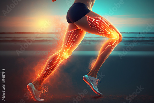 Foto Sportswoman, knee pain or red glow by beach fitness, ocean workout or sea traini