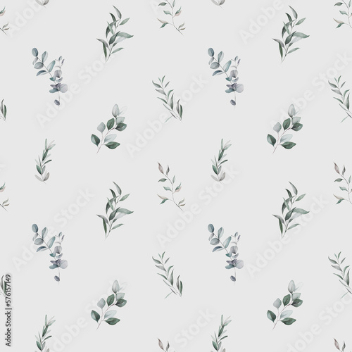 Seamless watercolor floral pattern - green leaves and branches composition on grey background  perfect for wrappers  wallpapers  postcards  fabric  greeting cards  wedding invites  prints  fashion.
