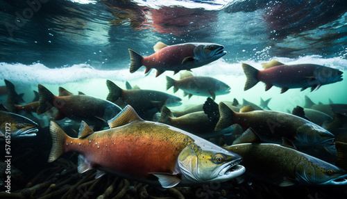 School of salmon fish in shallow river water migrating upstream to spawn. generative AI photo