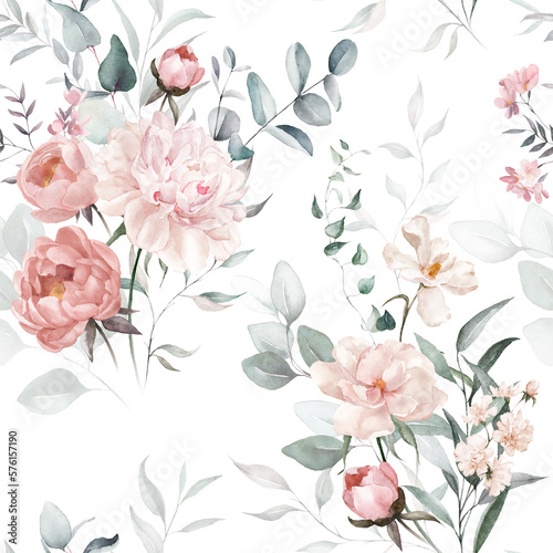 Watercolor floral seamless pattern on white background - green leaves, pink peach blush white flowers, leaf branches. Wedding invitations, wallpapers, fashion, prints, fabric. Eucalyptus, rose, peony.