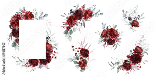 Watercolor floral wreath border bouquet frame collection set green leaves burgundy maroon scarlet pink peach blush white flowers leaf branches. Wedding invitations stationery wallpapers fashion prints