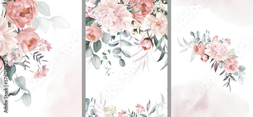 Фотография Watercolor floral illustration set bouquet, border, frame - green leaves, pink peach blush white flowers branches