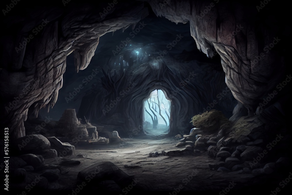 Mysterious dark cave. Fantasy landscape. 3Generative AI
