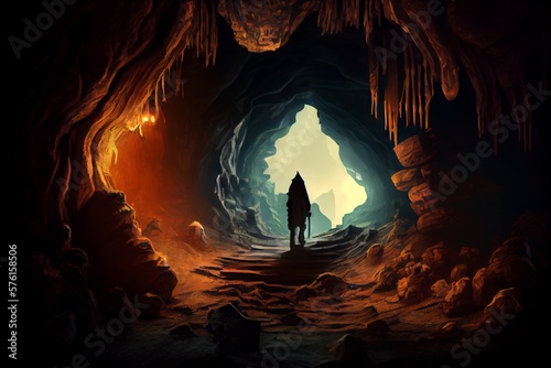 Mysterious dark cave with a silhouette of a man. Generative AI