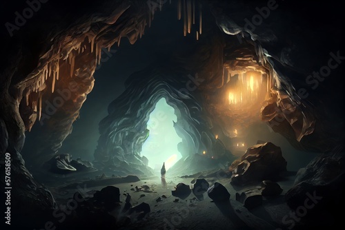 Surreal dark cave with human figure inside. Generative AI
