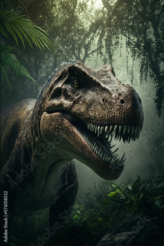 Dinosaur T-rex in the rainforest. Generative AI © LAYHONG