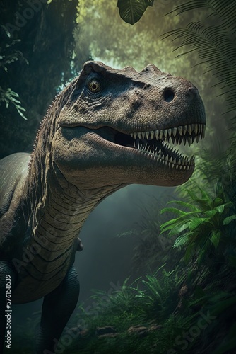 Dinosaur T-rex in the jungle. Generative AI