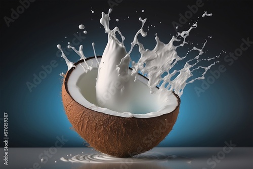 Fresh juicy coconut falling, milk splashes all around. Generative ai