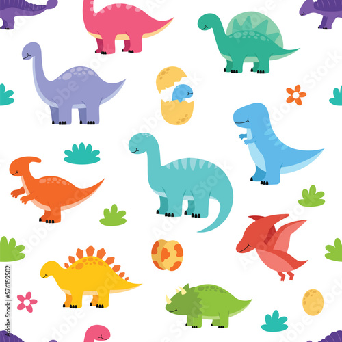 Cute adorable baby dinosaur character seamless pattern vector illustration