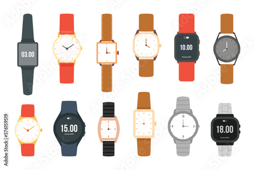 Hand watch and smartwatch fashion clocks collection vector illustration