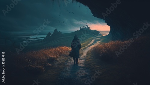 Solitary traveler navigates winding path