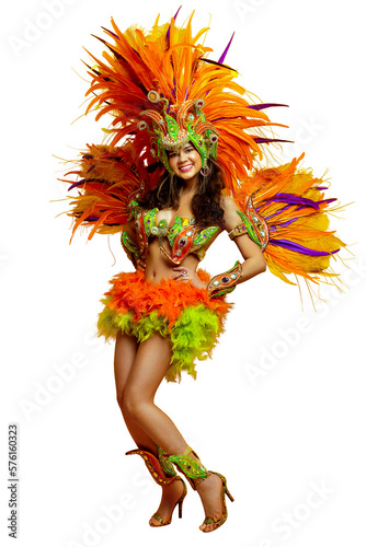 PNG. Beautiful brazilian woman in brazilian carnival costume on yellow background photo
