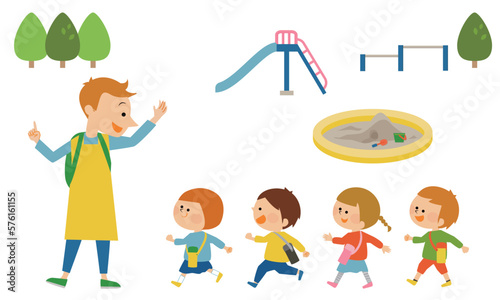 遠足に行く先生と子供たちのイラスト素材