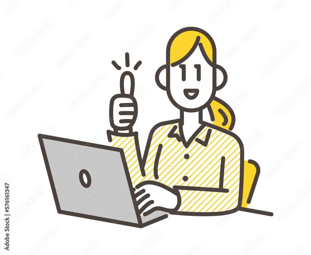 Young woman giving thumbs up in front of laptop computer [Vector illustration].
