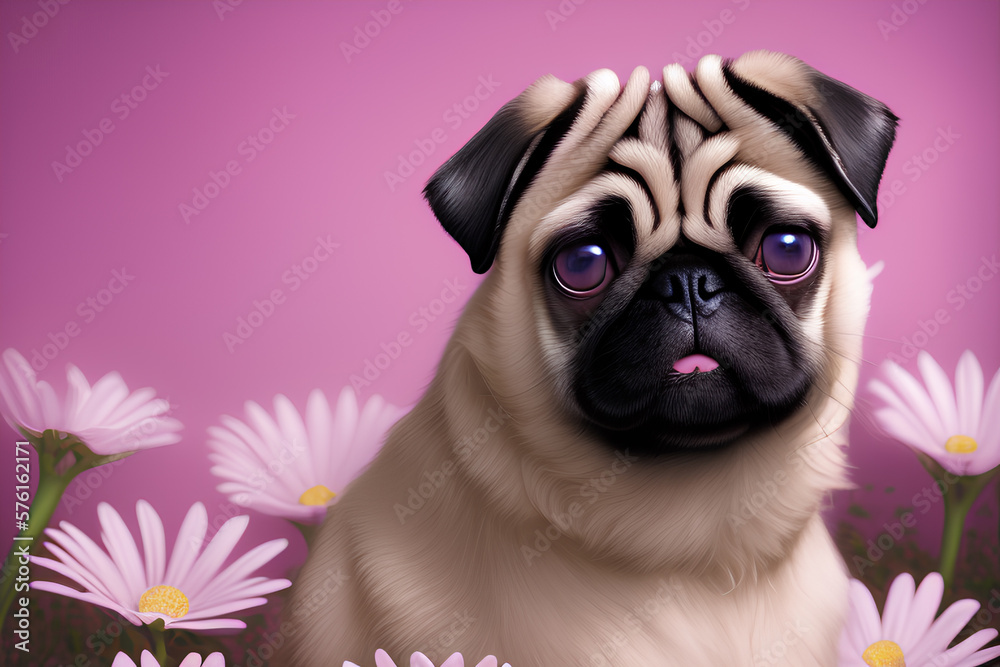 Portrait of charming pug. Cute wrinkled dog on floral background. Generative AI.