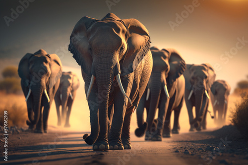 A herd of elephants walking down a dirt road, Generative AI