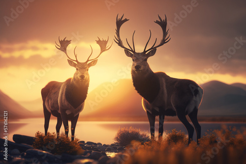 Two deer standing next to each other at sunset  Generative AI