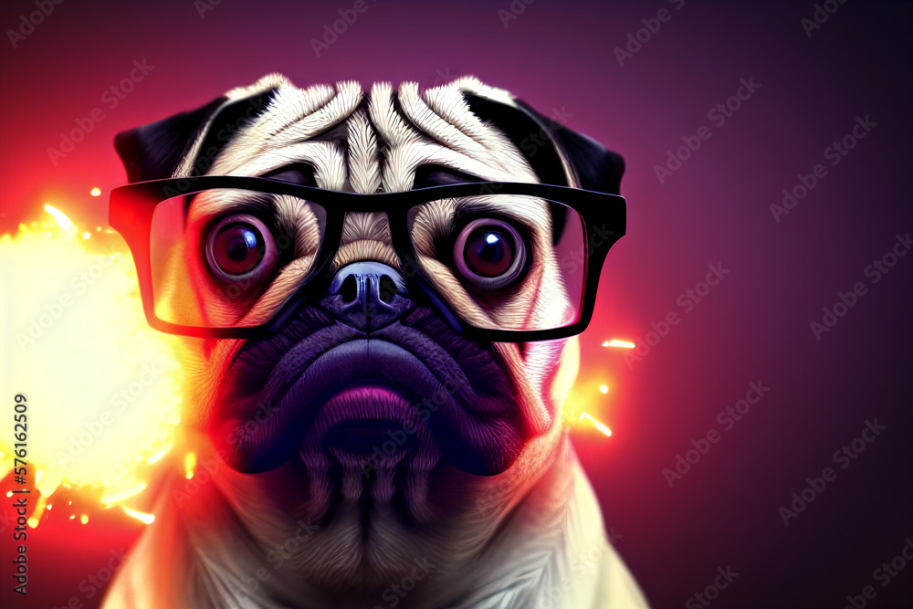 Closeup of muzzle of adorable domestic pug dog wearing glasses