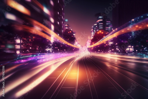 A blurry photo of a city street at night, Generative AI