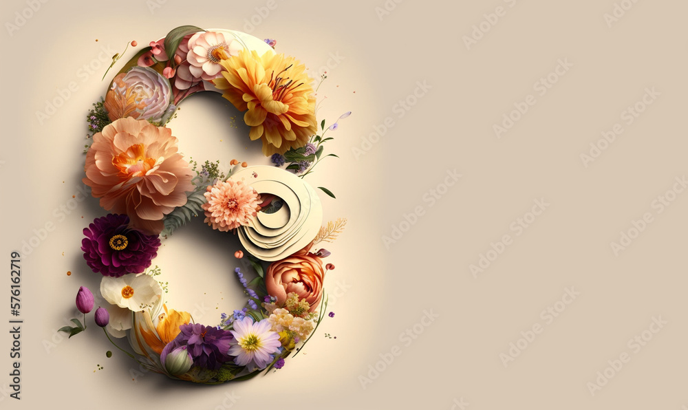 The number eight is surrounded by flowers and leaves, Women's day concept illustration, Generative AI The number eight is surrounded by flowers and leaves, Women's day concept illustration, Generative AI