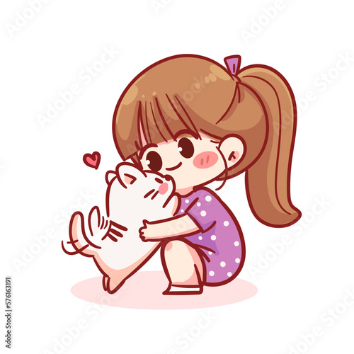 Cute girl playing with cat cartoon character hand draw art illustration