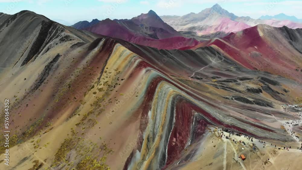 Rainbow Mountain, Peru, Pan right to left aerial shot.