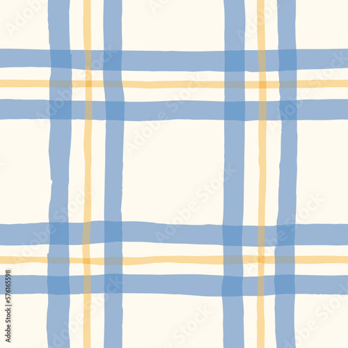 Cornflower Blue and Yellow Watercolor Hand-Drawn Plaid Vector Seamless Pattern. Romantic Artistic Cottagecore Checks. Homestead Farmhouse Print. Pastel Summer Graphic Background