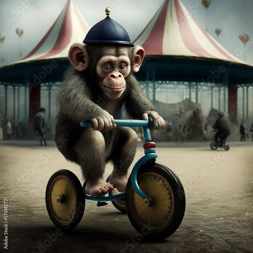 Cute Baby Monkey Riding Tricycle at the Circus Generative AI © RiverBrookeDesigns