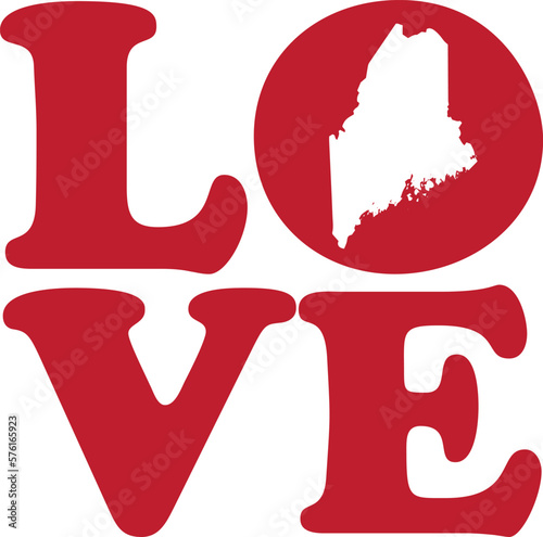 LOVE Maine State Red Outline Vector Graphic Illustration Isolated
