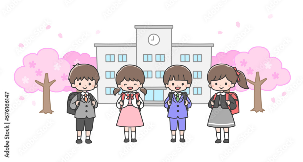 入学式 校舎の前に立つ新一年生4人 入学式 校舎の前に立つ新一年生4人