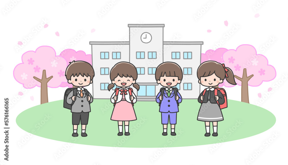 入学式　校舎の前に立つ新一年生4人