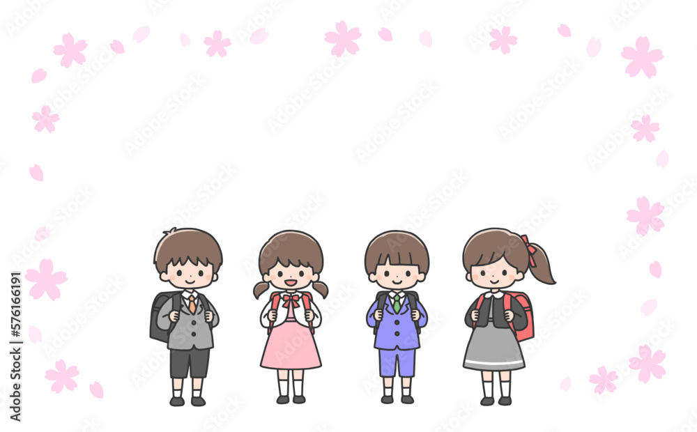 新一年生4人と桜のフレーム 新一年生4人と桜のフレーム
