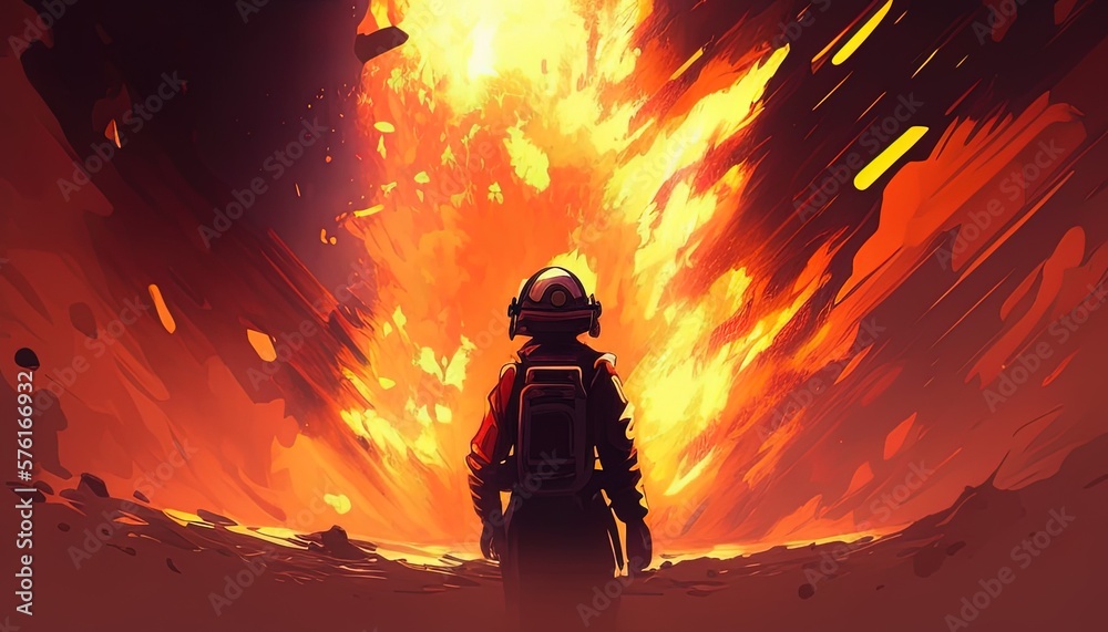 Obraz premium Firefighter in action, flames and smoke fill the background, explosion imminent. Dramatic scene captured in stunning detail.