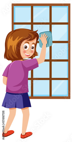 A girl wiping window by rag