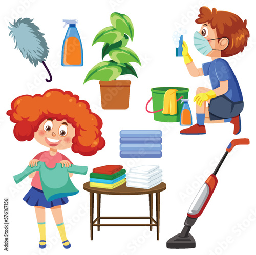 Set of children doing chores with household equipments