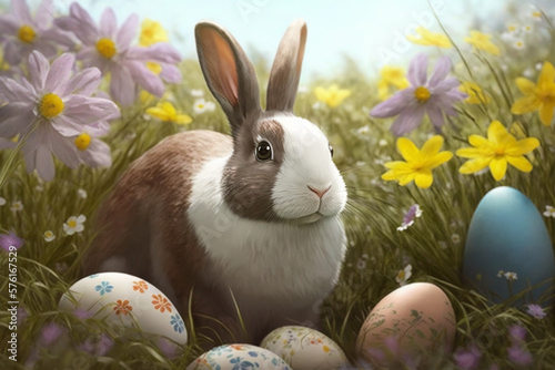Illustration of an easter bunny in a meadow of flowers