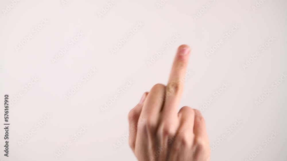 Taunting middle finger coming into frame on a white background.