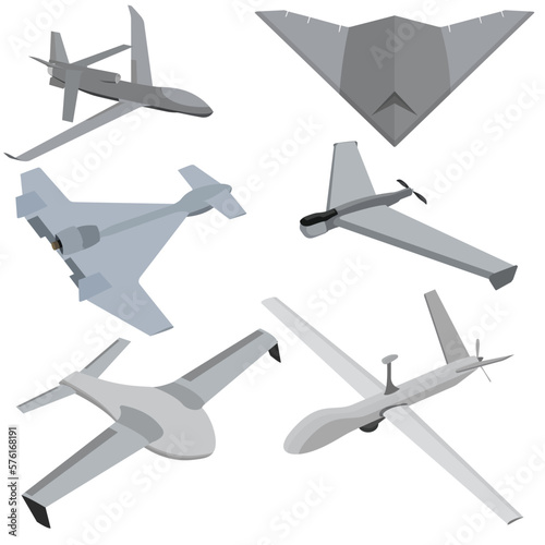 Vector illustration sets of unmanned aerial vehicle (UAV) and rotor drone. UAV technology for military defense warfare, weapon intelligence, armed combat aviation and spy aircraft