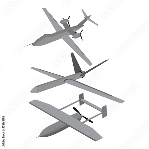 Vector illustration sets of unmanned aerial vehicle (UAV) and rotor drone. UAV technology for military defense warfare, weapon intelligence, armed combat aviation and spy aircraft