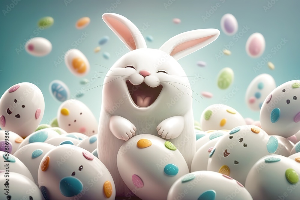 cute white Happy Easter Bunny rejoices in the holiday surrounded by colorful eggs, generative AI cute white Happy Easter Bunny rejoices in the holiday surrounded by colorful eggs, generative AI