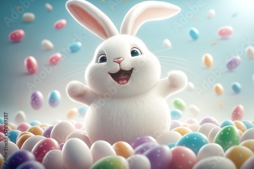cute white Happy Easter Bunny rejoices in the holiday surrounded by colorful eggs, generative AI