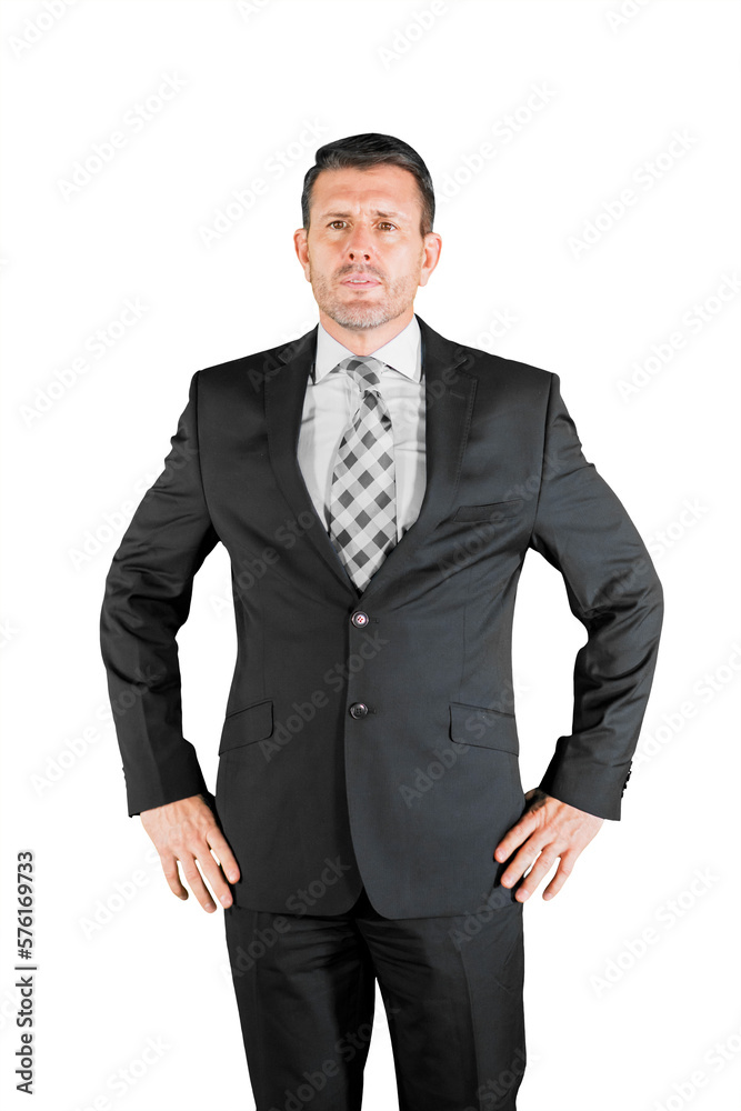 Confident businessman posing with hands on his waist isolated on white background Confident businessman posing with hands on his waist isolated on white background