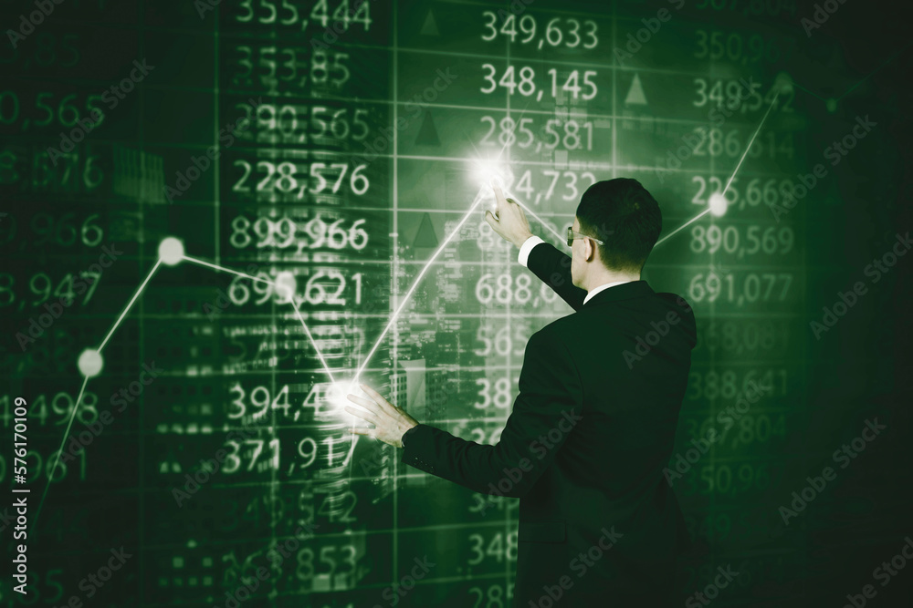 Rear view of male manager touching increasing finance graph on virtual scree Rear view of male manager touching increasing finance graph on virtual scree