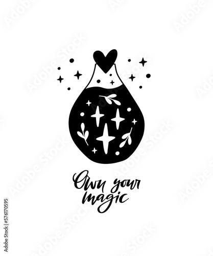 Potion bottle with magic elixir or poison. Mystical jar vector illustration. Hand drawn esoteric alchemy symbol isolated on white background. Black witch brew clipart.