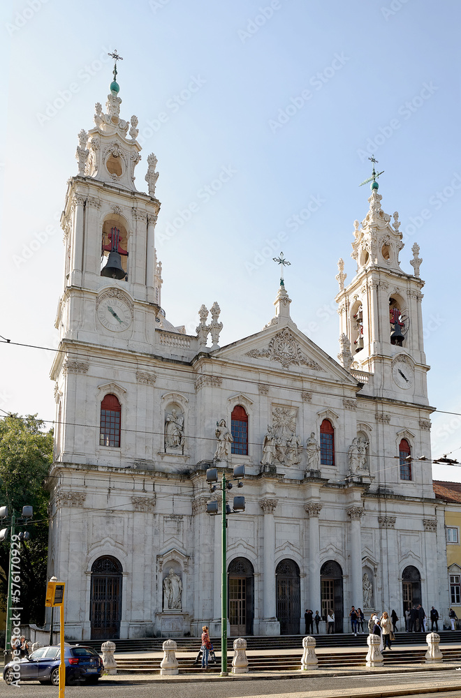 Front view of the majestic Estrela Basilica or the Royal Basilica and Convent of the Most Sacred Heart of Jesus in Lisbon, Portugal. Ordered built by Queen Maria I and consecrated 15th November 1789