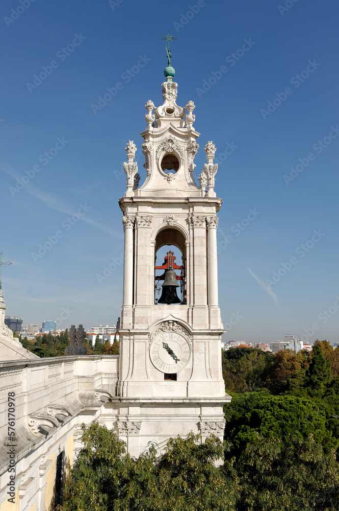 The bell tower of the Estrela Basilica or the Royal Basilica and Convent of the Most Sacred Heart of Jesus in Lisbon, Portugal.Ordered built by Queen Maria I of Portugal and consecrated 15th November