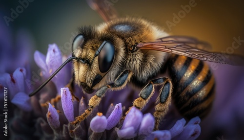 Macro Photograph of Honey Bee on a purple flower, horizontal, High Resolution, Generative AI