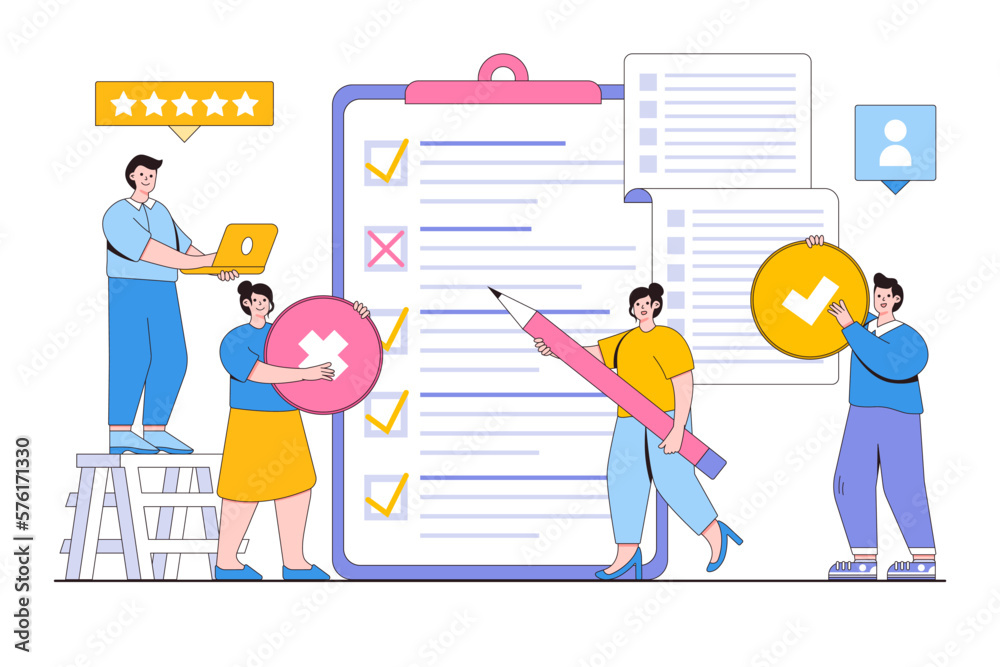 People filling in form or answering questions concept with people characters. Online public survey, statistical study, consumer opinion poll, customer review, rating or score, market research