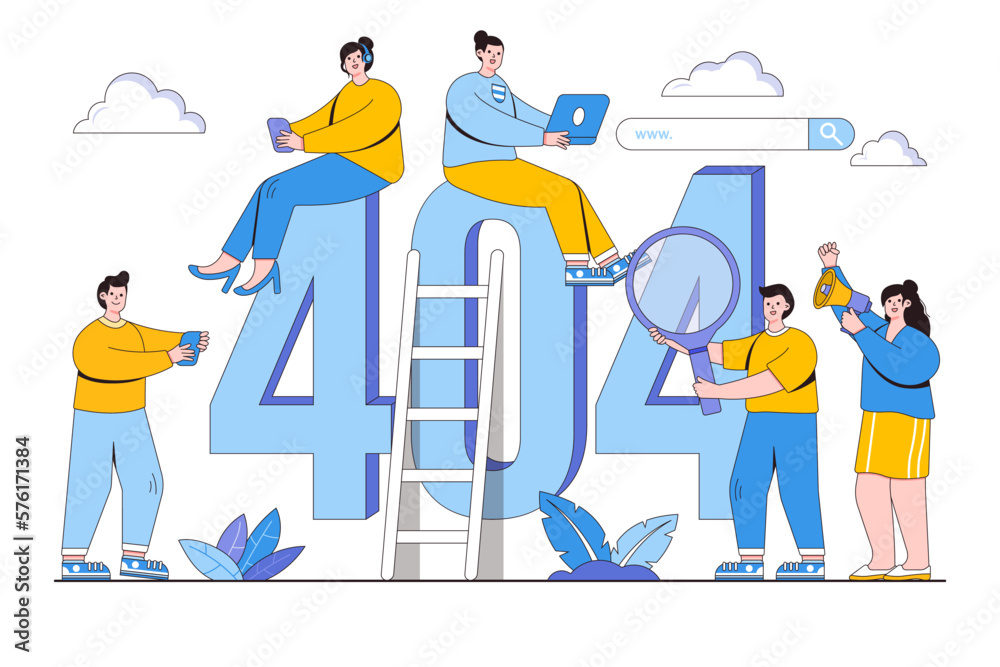 404 error page not found system updates, uploading, operation, computing, installation programs, maintenance concept. Outline design style minimal vector illustration for landing page
