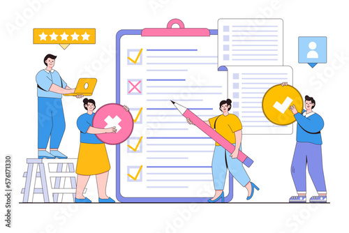 People filling in form or answering questions concept with people characters. Online public survey, statistical study, consumer opinion poll, customer review, rating or score, market research